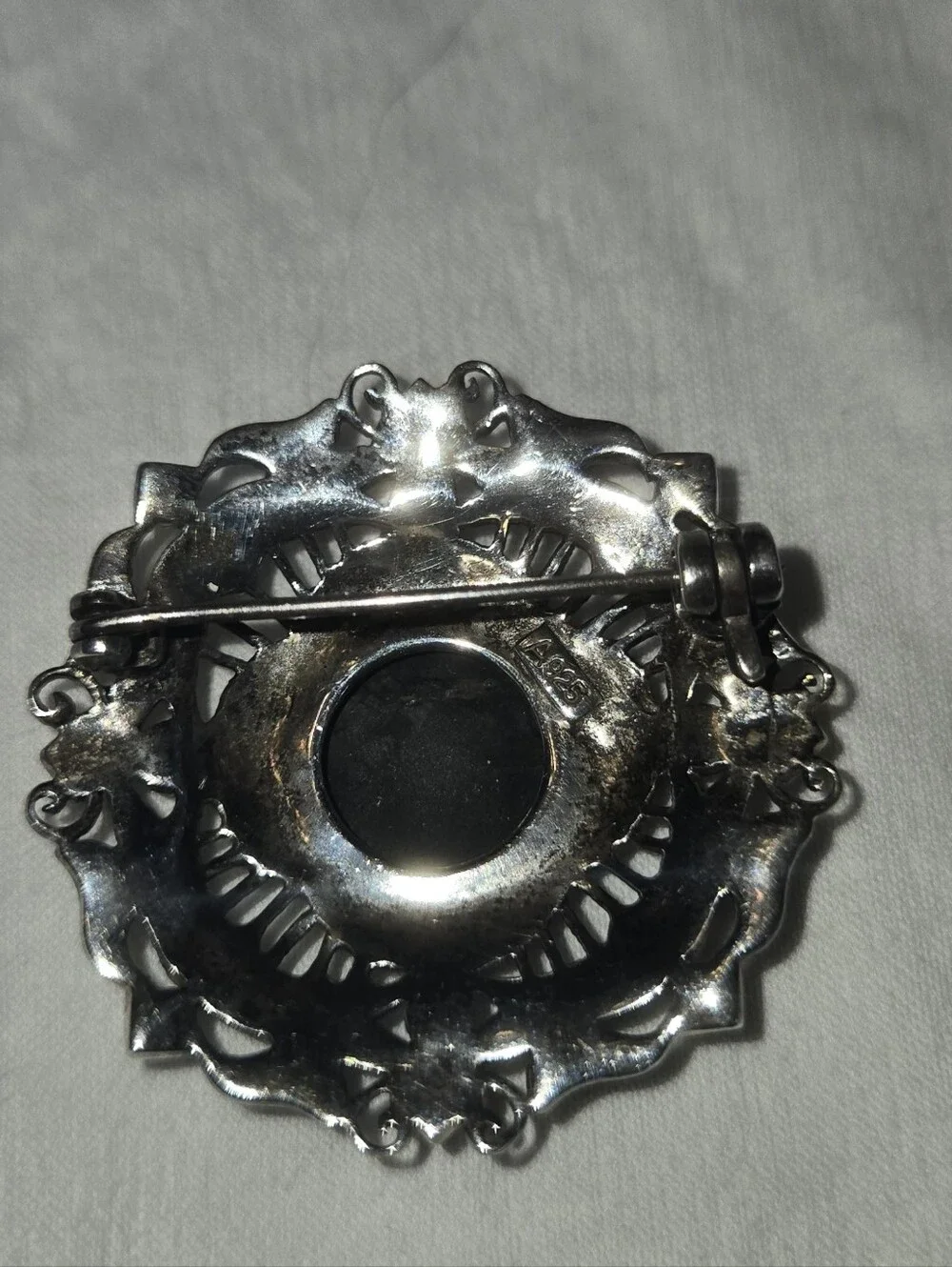 Vintage-Style Filigree Black Onyx Center Brooch Marked 925